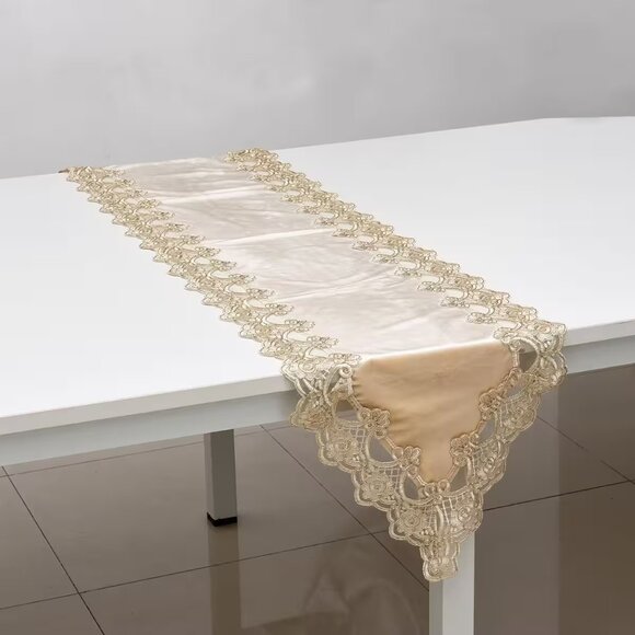 Final Price Khaki Damask Pattern Polyester & Velvety Table Runner w/Lace Border - Picture 1 of 3